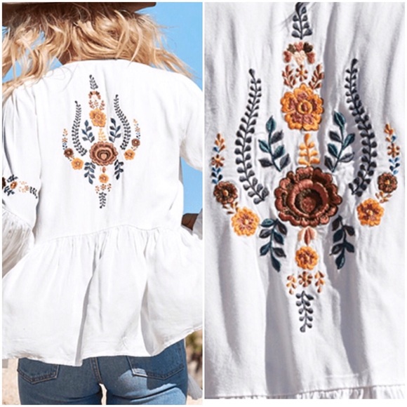 White Boho Embroidered Tie Front Blouse - Picture 6 of 8